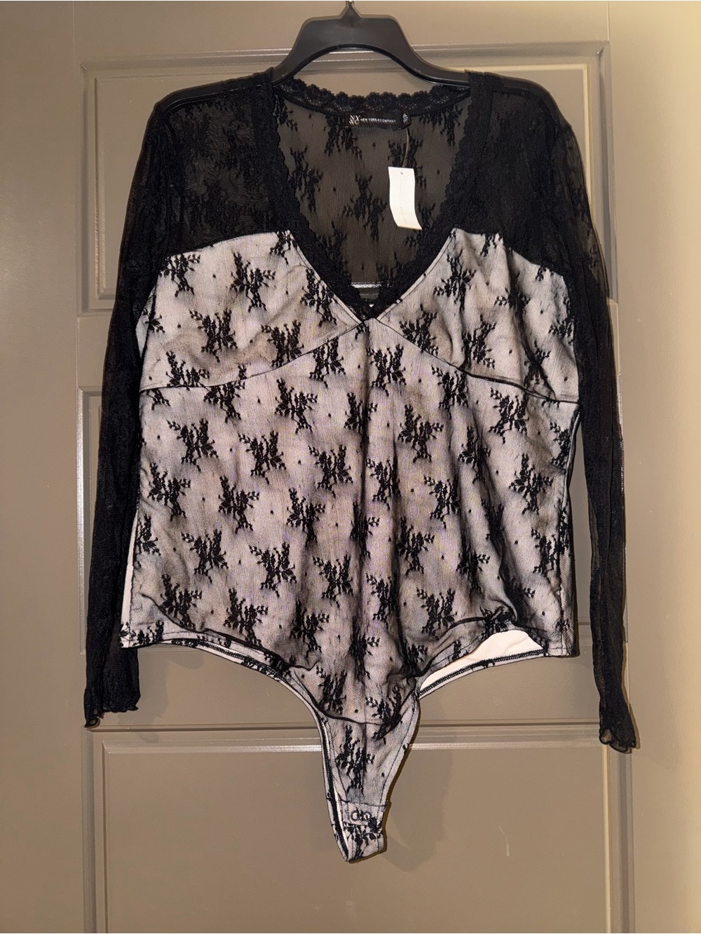 New York & Company Black Lace-Overlay Two-Tone V-Neck Bodysuit